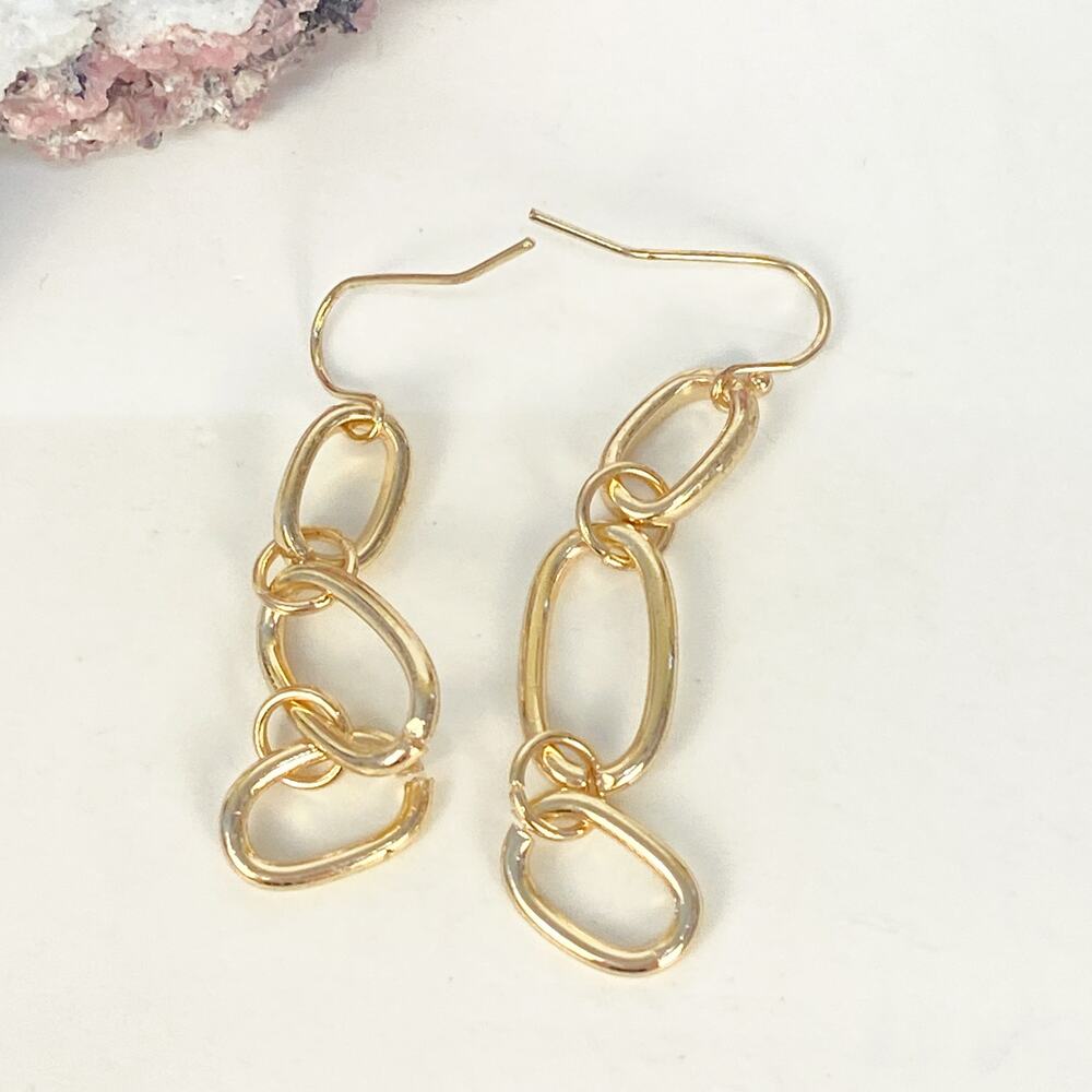 Gold Earrings Dangly Chain Link Earrings Gold Tone - Picture 9 of 9